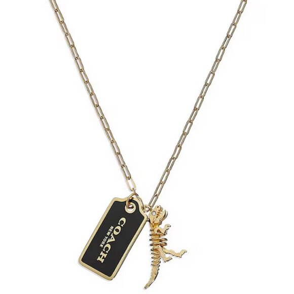Coach Signature Tag and Dinosaur Charm Long Pendant Necklace NWT - Picture 1 of 3